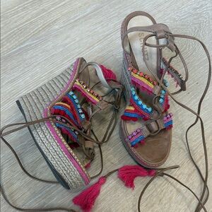 SCHUTZ Brown Wedge Sandals with Pink, Blue & Red Accents